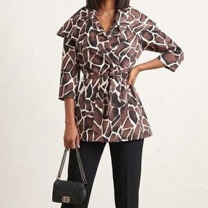 St John Giraffe Print Portrait Collar Belted Jacket Coat Brown White Silk Size 2